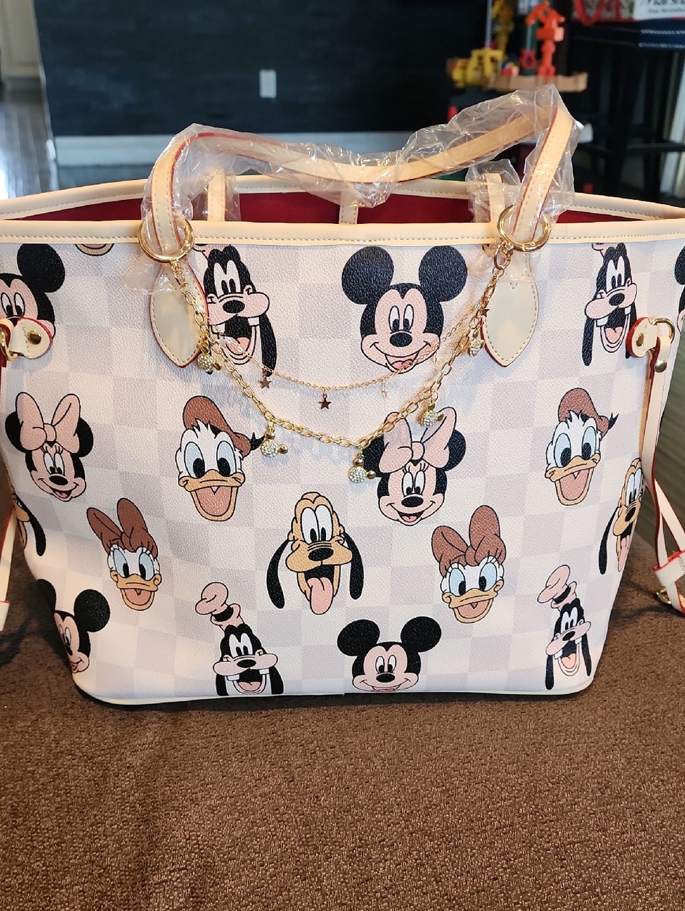 Custom Disney Print Neverfull Tote Bag in Cream With Pouch And Charm Chain